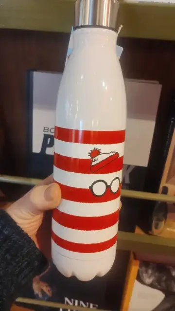 White, steel water bottle with red stripes and the distinctive glasses and cap from children's book character, Where's Wally